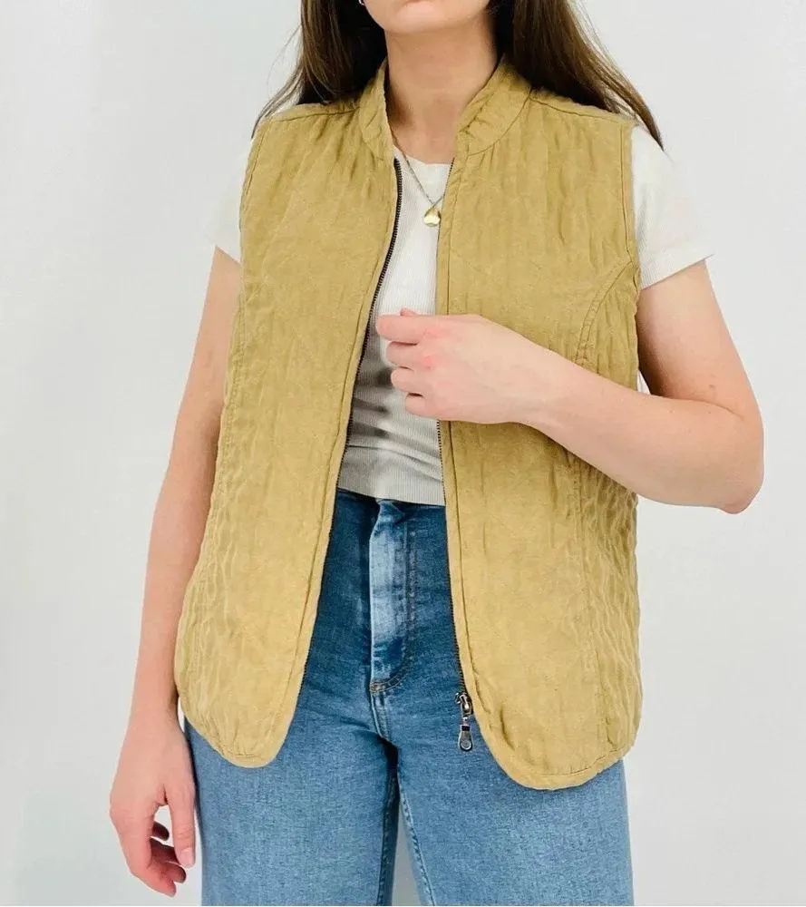 vintage boho earth tone quilted vest zip up faux suede sand stockholm style M Tan Size M - Image 3