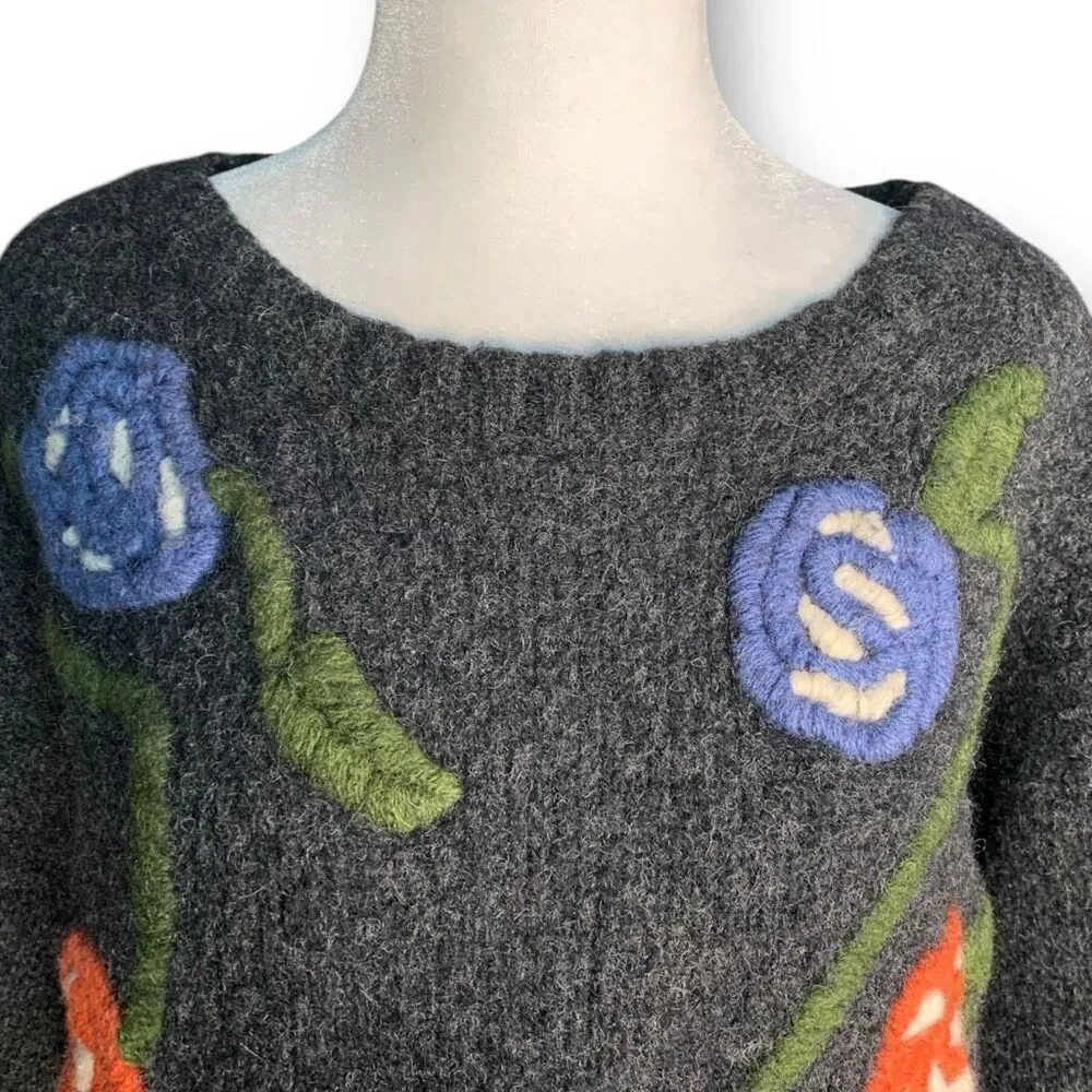 Vintage Esprit Gray Wool Floral Embroidered Crewneck Ribbed Knit Sweater - Image 3
