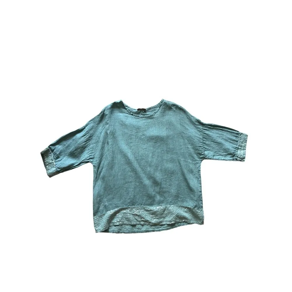 BELLAMBRA Italy Women's Linen Sequin Trim Casual Resort Summer Top L Blue Size L - Image 2