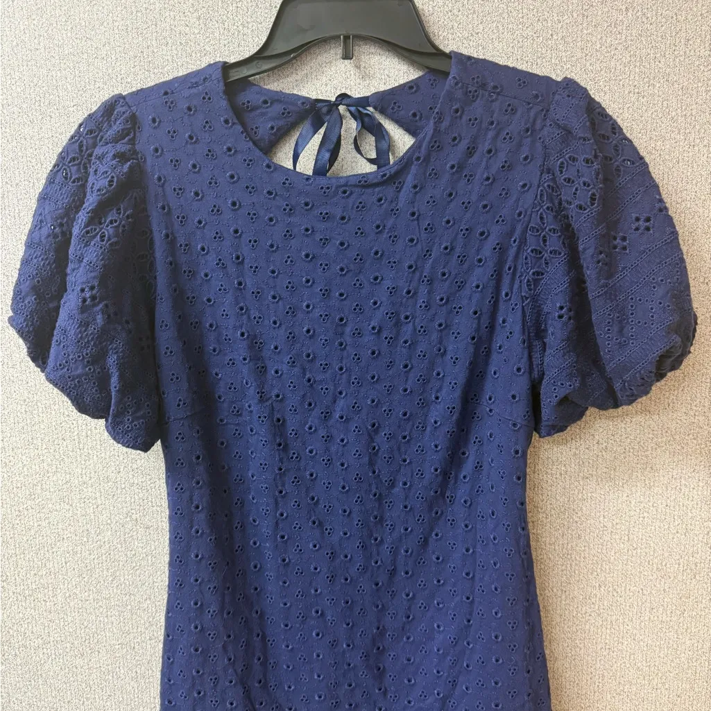 Free People Women Size Small Apricot Rose Puff Sleeve Eyelet Indigo Mini Dress‎ - Image 5
