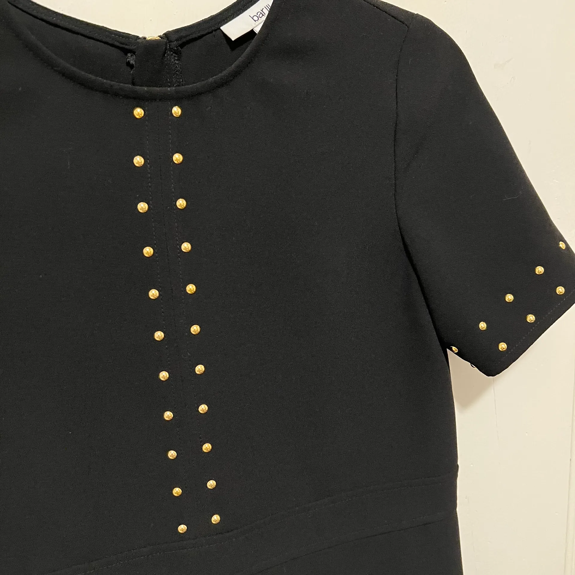 Black Gold Studded Crewneck Short Sleeve Slip Career Work Shift Dress - Image 2