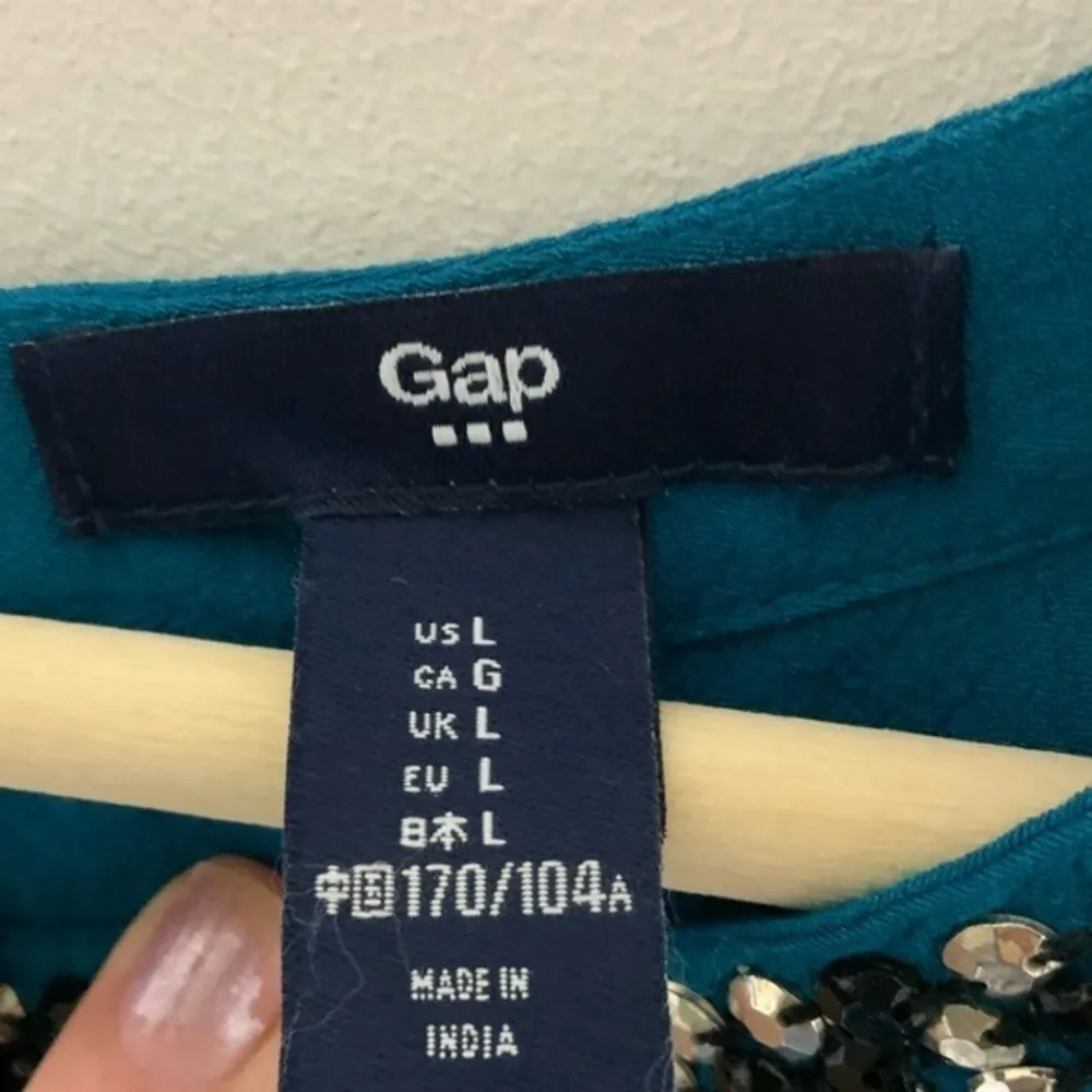 Gap jeweled blue green neck long sleeve‎ crepey blouse Large city girl - Image 3