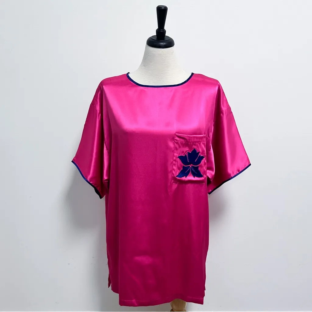 Victorias Secret Vintage Satin Pink Blue Short Sleeve Sleep Shirt Box Medium New - Image 2