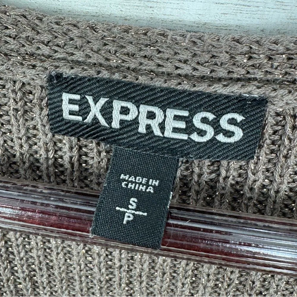 Express Deep V Neck Metallic Thread‎ Tunic Sweater Taupe Brown Copper Small - Image 9
