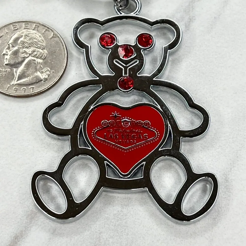 Silver Tone Red Rhinestone Bear Las Vegas Souvenir Keychain Keyring - Image 4