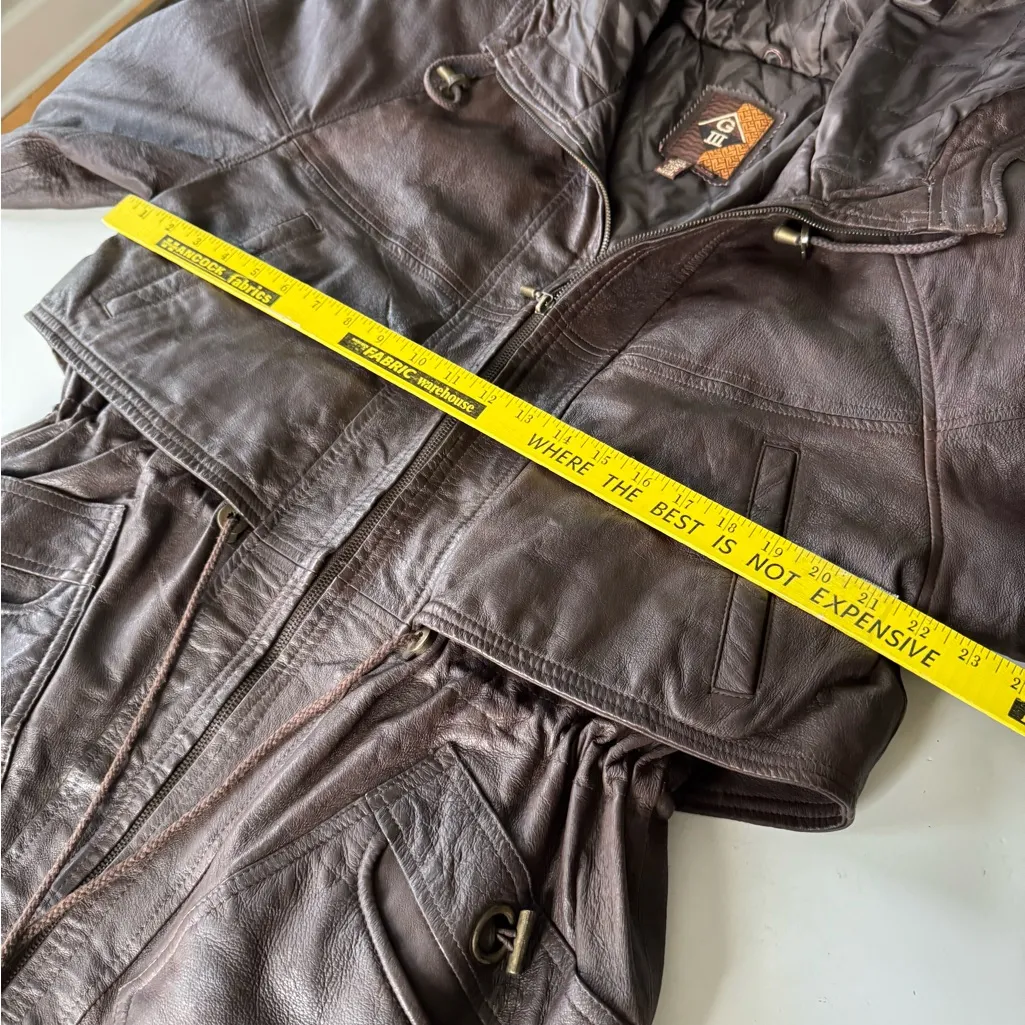 Vintage GIII Brown Genuine Leather Jacket Hooded Anorak Trench Coat Sz Small - Image 7