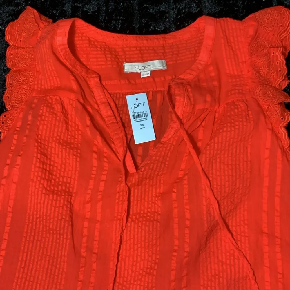 Women's LOFT Ann Taylor Striped Ruffle Sleeve Tie Neck Top Size XS Petite NWT - Image 5