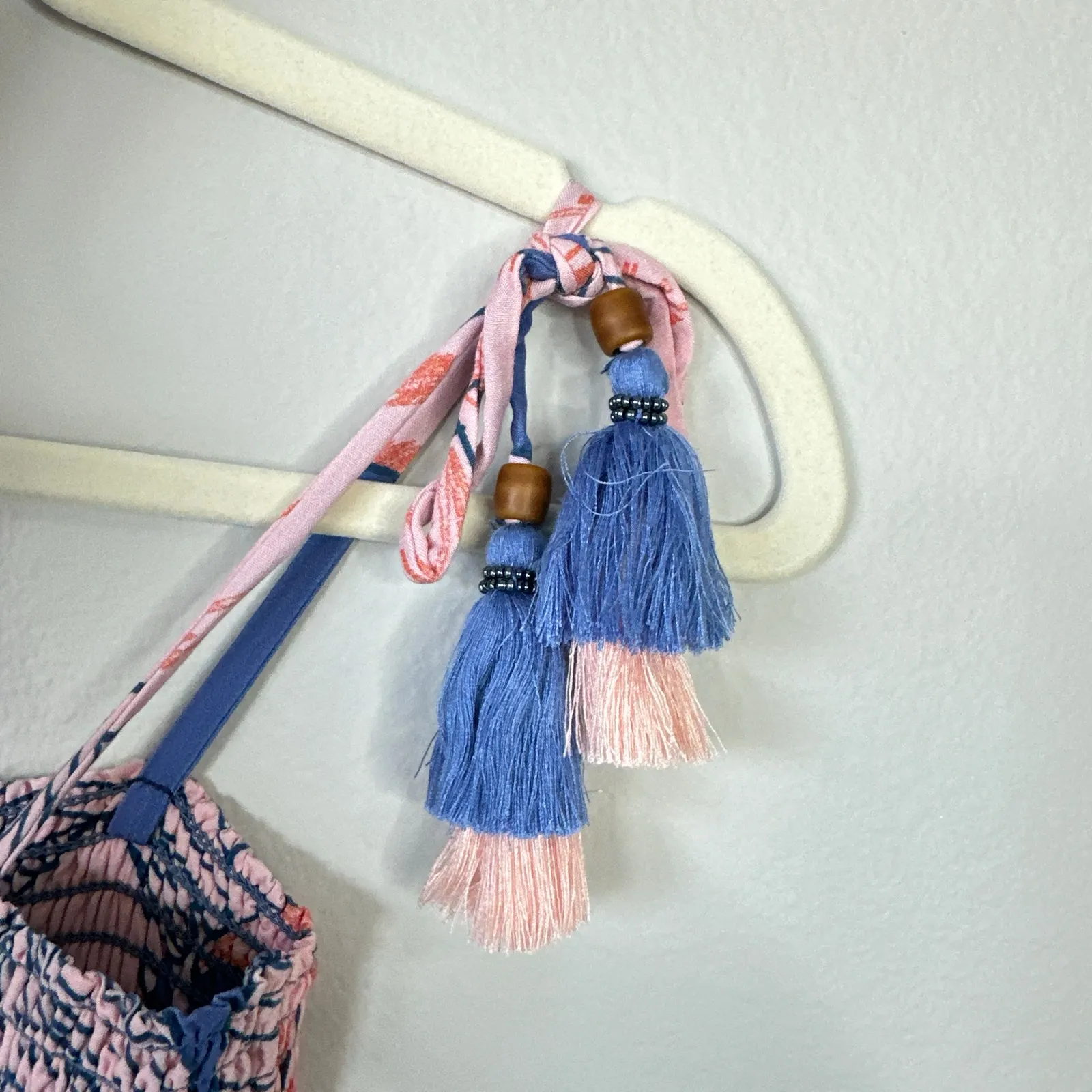 MAAJI Smocked Bodice Tiered Mini Dress Tassel Shoulder Ties Hibiscus Print Small - Image 6