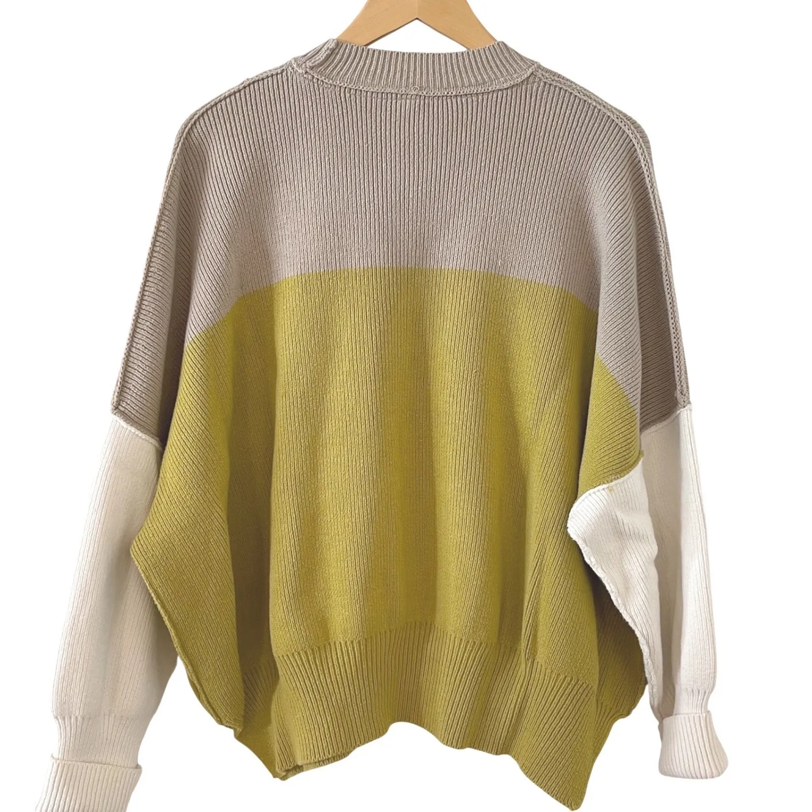 Free People Colorblock Oversized Knit Sweater Green Beige Cream XS - Image 5