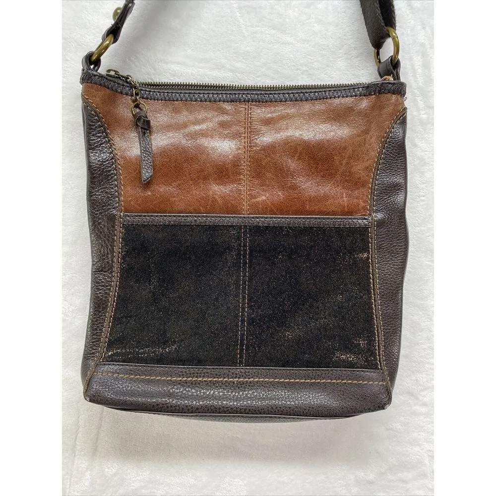 SAK Iris Leather Crossbody Satchel bronze‎ glitter panels stitching detail - Image 4