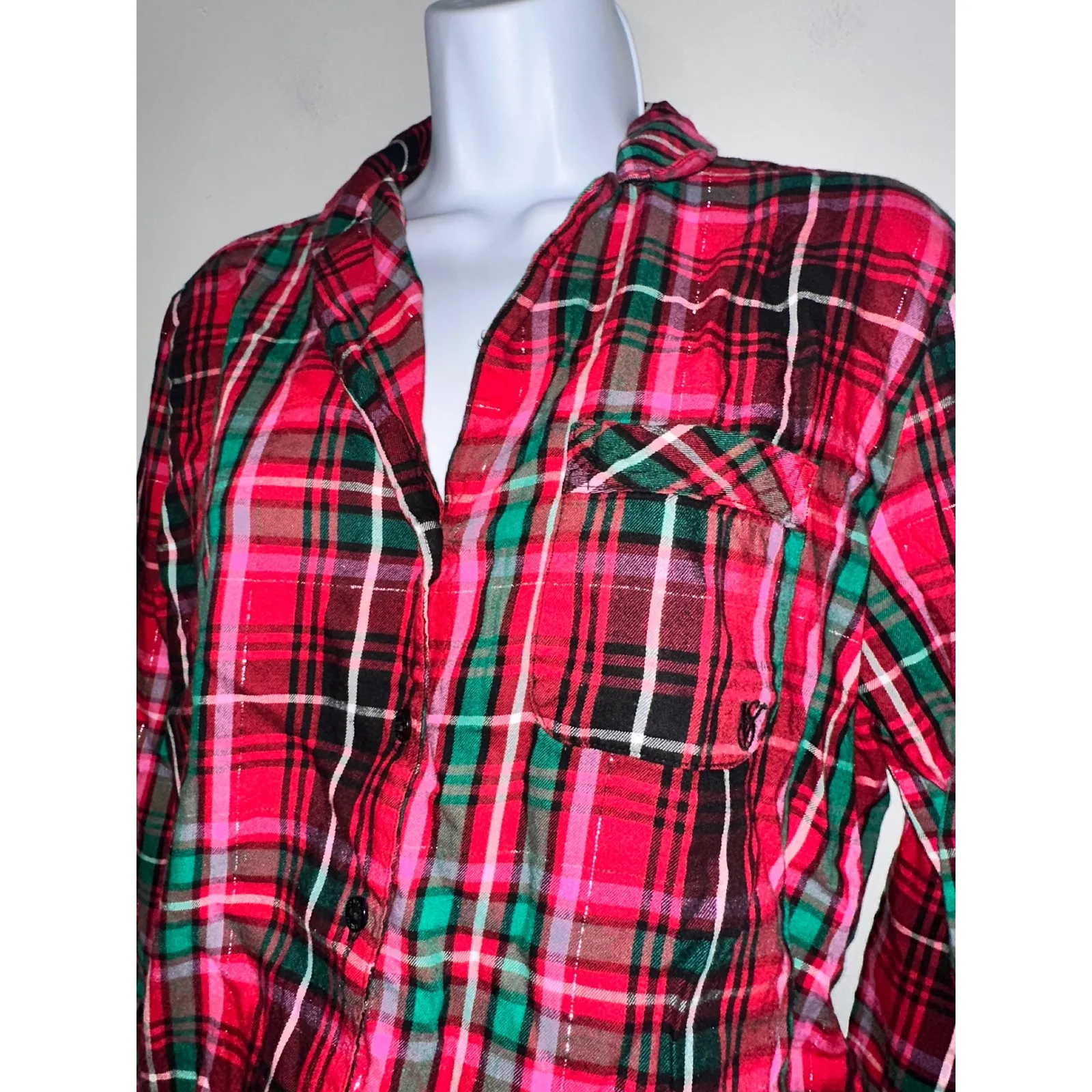 Victoria's Secret Plaid Pajama Set Long Sleeve Button Down XS Red Green Sparkle - Image 4