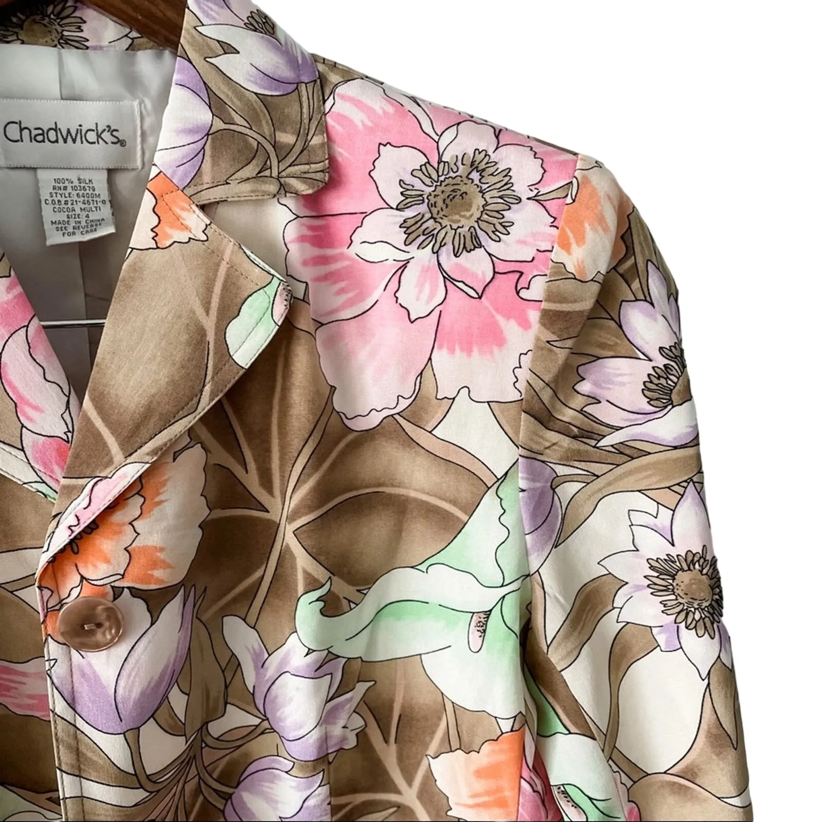 Vintage 100% silk floral cropped 3/4 sleeve blazer jacket pink tan size 4 - Image 2