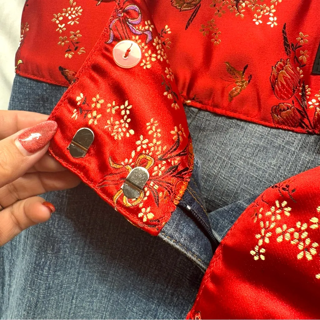 I.N.C Y2K Bootcut Jeans Red Satin Embroidered Oriental Waistband 8 No Stretch Blue - Image 10