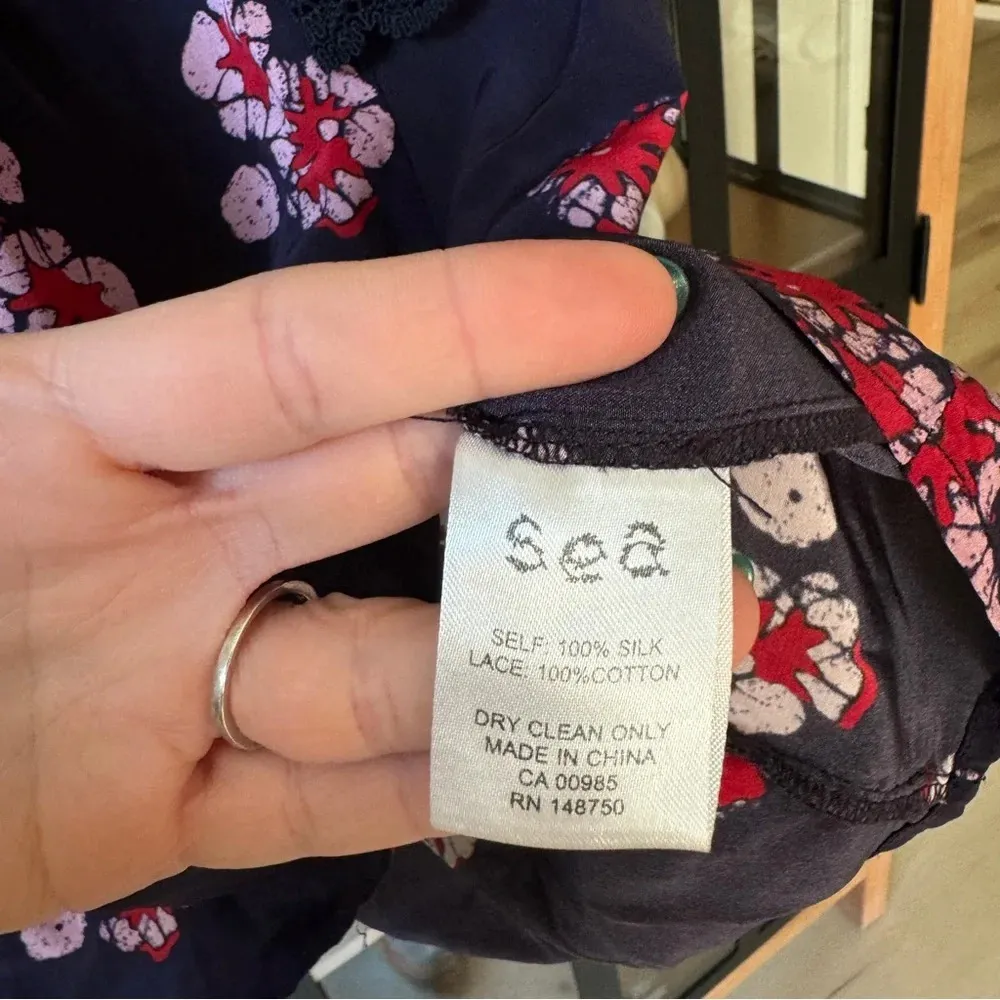 SEA New York Blouse Blue Silk Floral Print Lace eyelet ruffles Sleeve embroider Size XS - Image 5