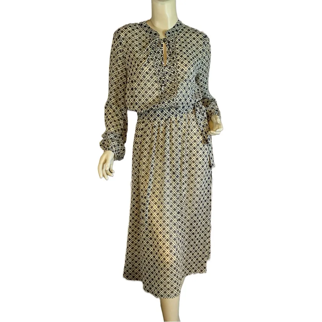 TOMMY HILFIGER TAN & BLUE GEOMETRIC PRINT SHEER SHIRT DRESS (8) - Image 6