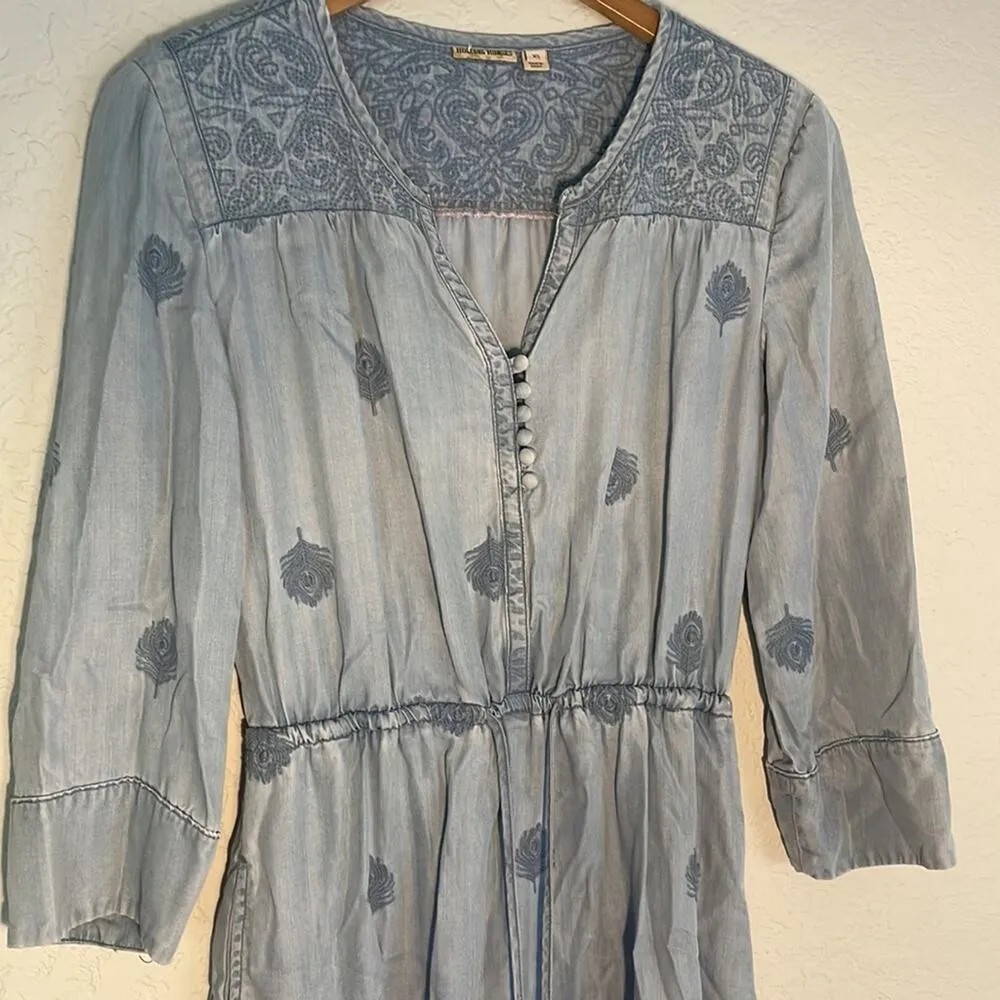 Holding Horses Anthropologie Plumage Embroidered Blue Chambray Shirt Dress Boho - Image 6