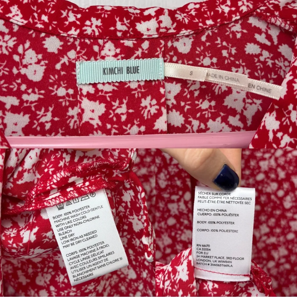 Urban Outfitters Kimchi Blue Red Floral Print Button Down Short Sleeve Blouse - Image 3