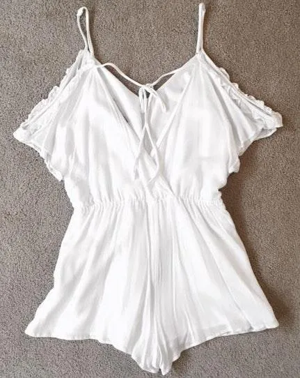 Forever 21 White Open Shoulder Ruffle Romper - Image 2