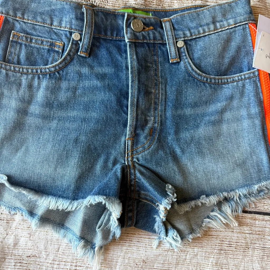 Sandrine Rose Neon Orange Zipper Accent Cutoff Jean Denim Shorts NWT Size 23 Blue - Image 4