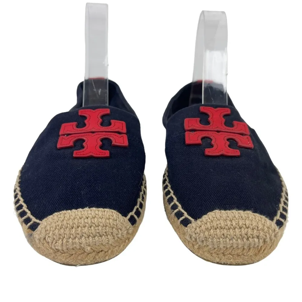 TORY BURCH Weston Navy Red Canvas Slip On Flat Espadrille Sandals Size 8M - Image 4