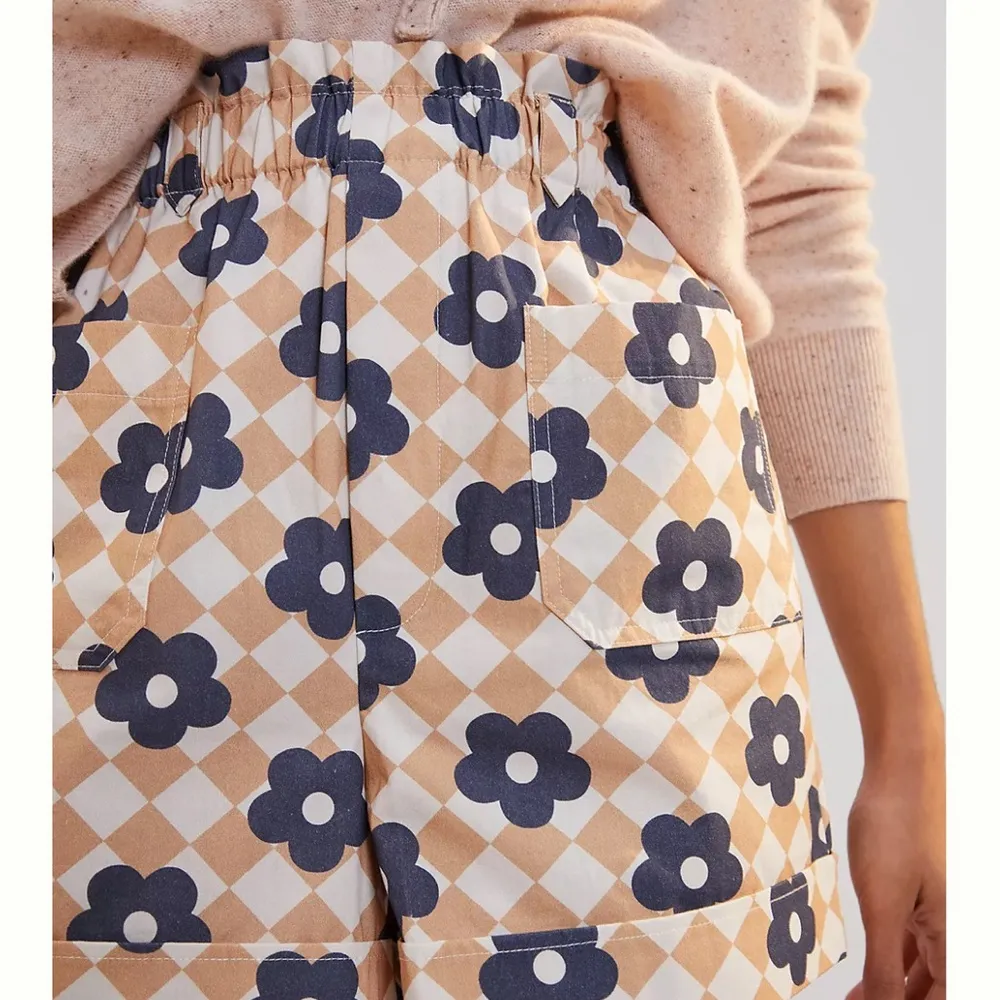 Maeve Beige Blue Floral High Waist Paper Bag Shorts 100% Cotton S - Image 7