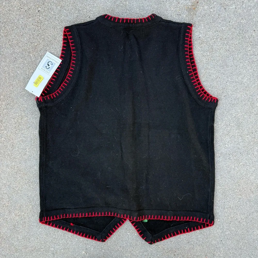 Vintage Y2K Ugly Christmas Black Sweater Vest Nordic Horse Drum Doll Bear NWT M Size M - Image 2