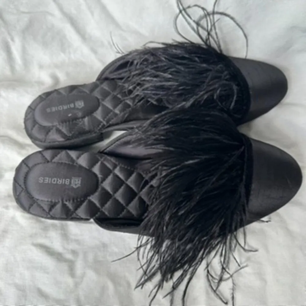 Birdies Size 8 The Lovebird Feather Trim Mule‎ Classic Black Feminine Chic - Image 2
