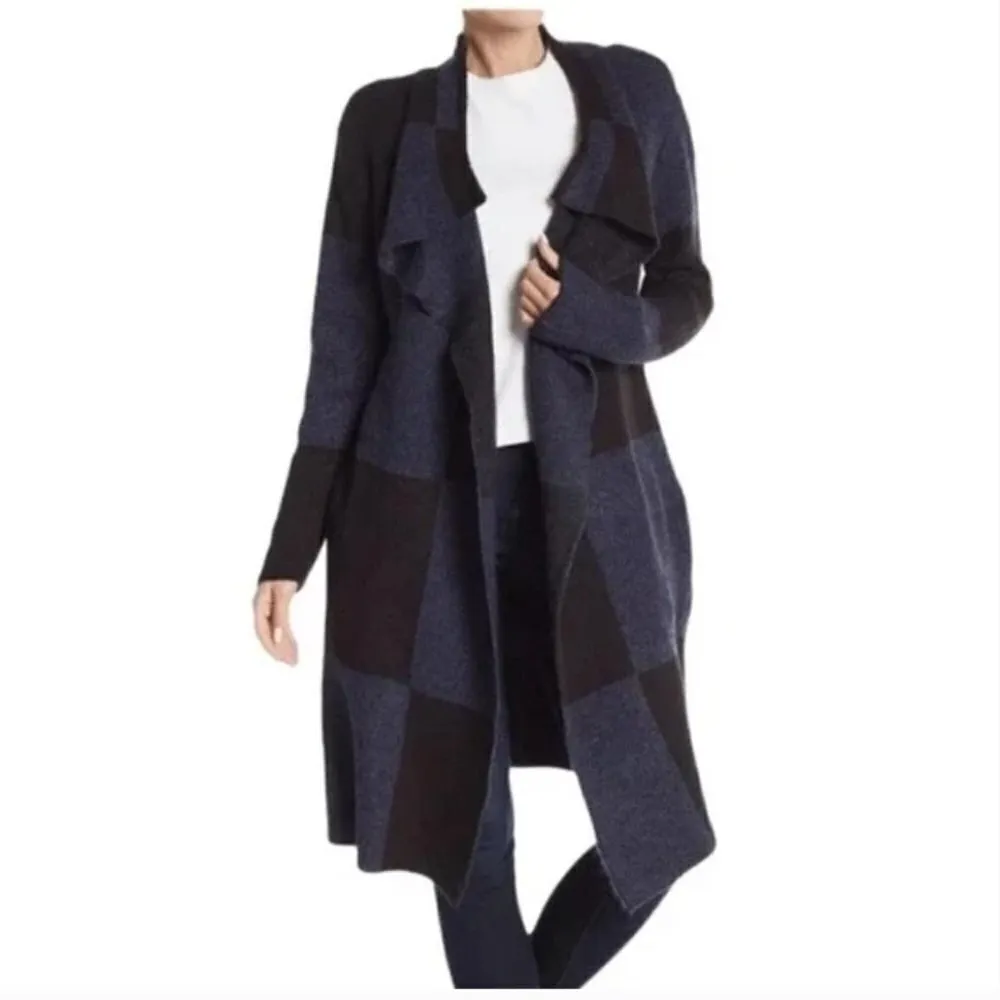 Joseph A . Buffalo Check Longline Duster Cardigan Blue Black - Image 3