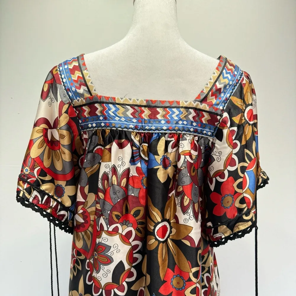 Funky People Satin Boho Jewel Tone Floral Print Tunic Dress with Tassels S - Image 11