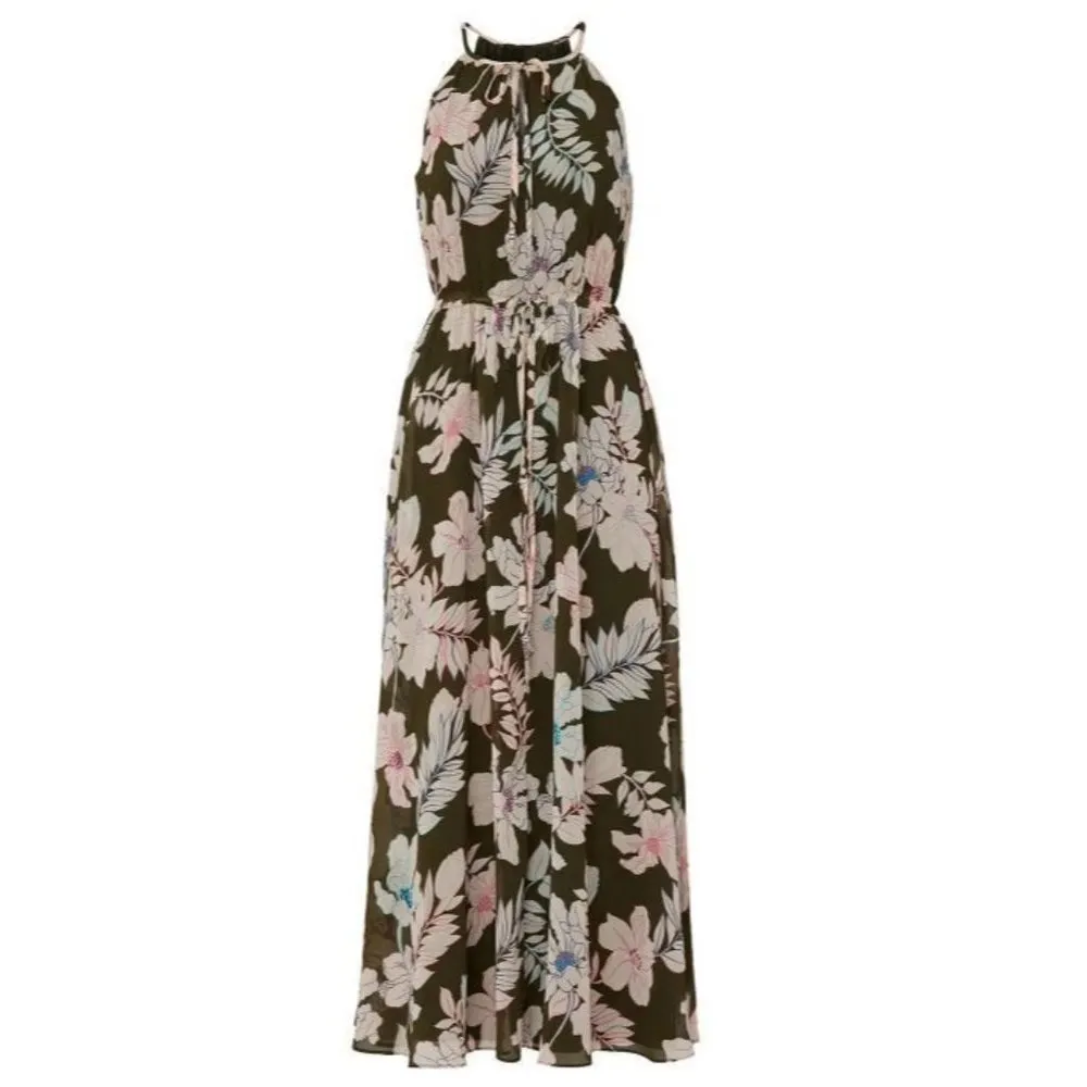 Sanctuary Big Flirt Olive Green Floral Chiffon Halter Maxi Dress Size XL - Image 3