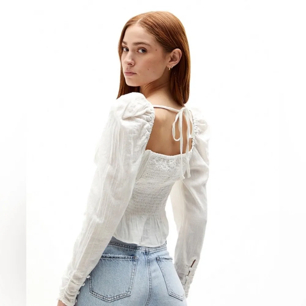 Free People Chloe Ruched Sweetheart Neck Long Sleeve Top Ruffle Hem Cream Size M - Image 3