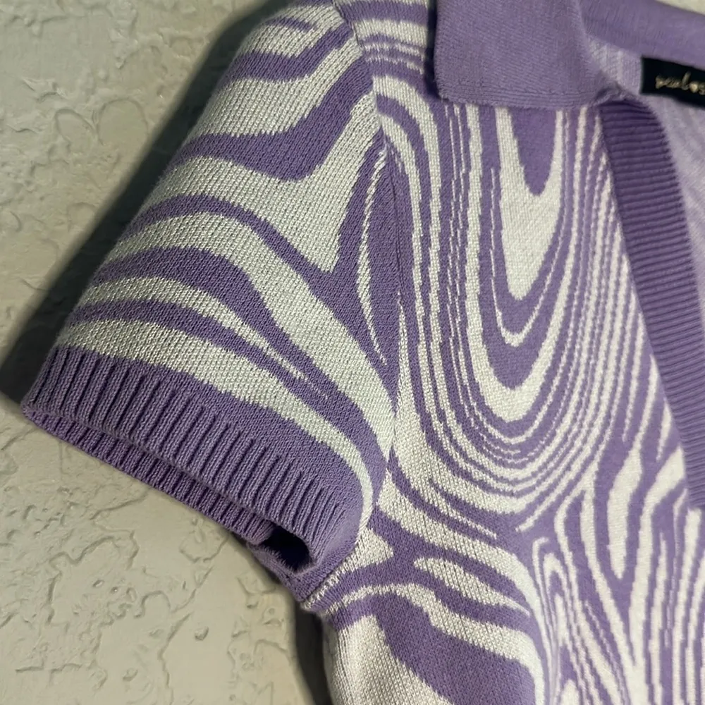 Purple Knit Crop Sweater Top Y2K Summer Groovy Swirly 70s Print Festival Large - Image 5