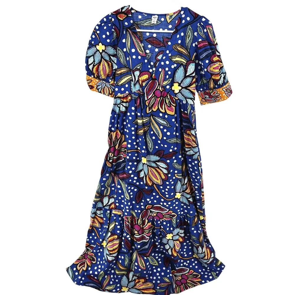 Tabitha Brown Puff Sleeve Midi Dress Mixed Floral Polka Dot A Line Blue Orange 2 - Image 2
