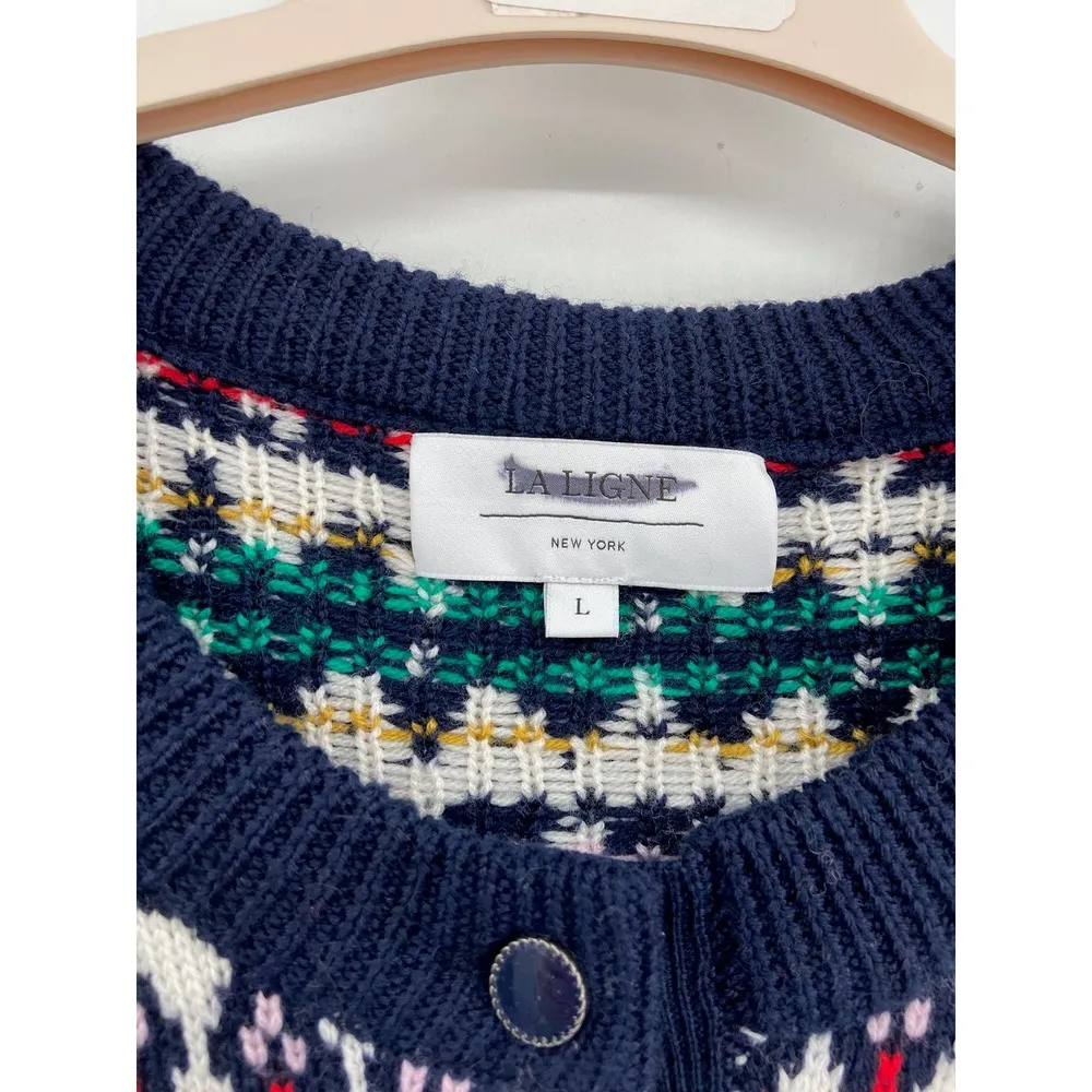 La Ligne Fair Isle Merino Wool Navy Blue Henley Crewneck Pullover Sweater Size L Size L - Image 6