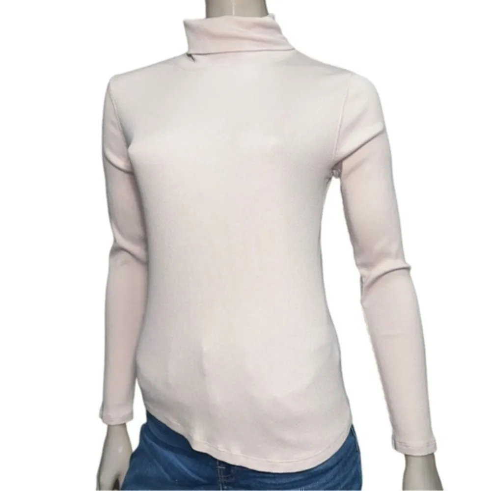 Magaschoni Women’s Size M Pale Pink Ribbed Long Sleeve Turtleneck Shirt Top - Image 2