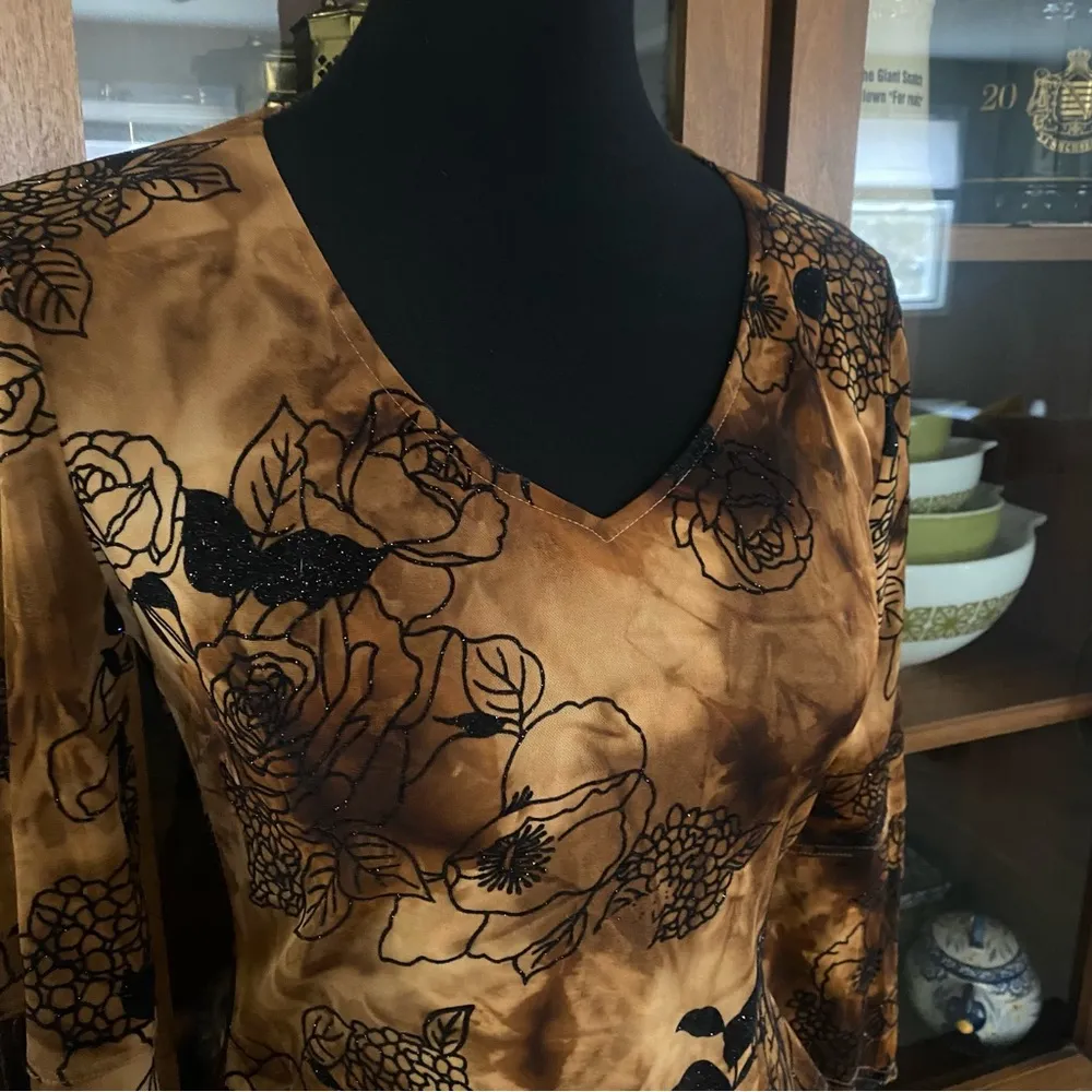 Vintage 90’s Cartise International Cold Shoulder Bell Sleeve Glitter Top Brown Size M - Image 8