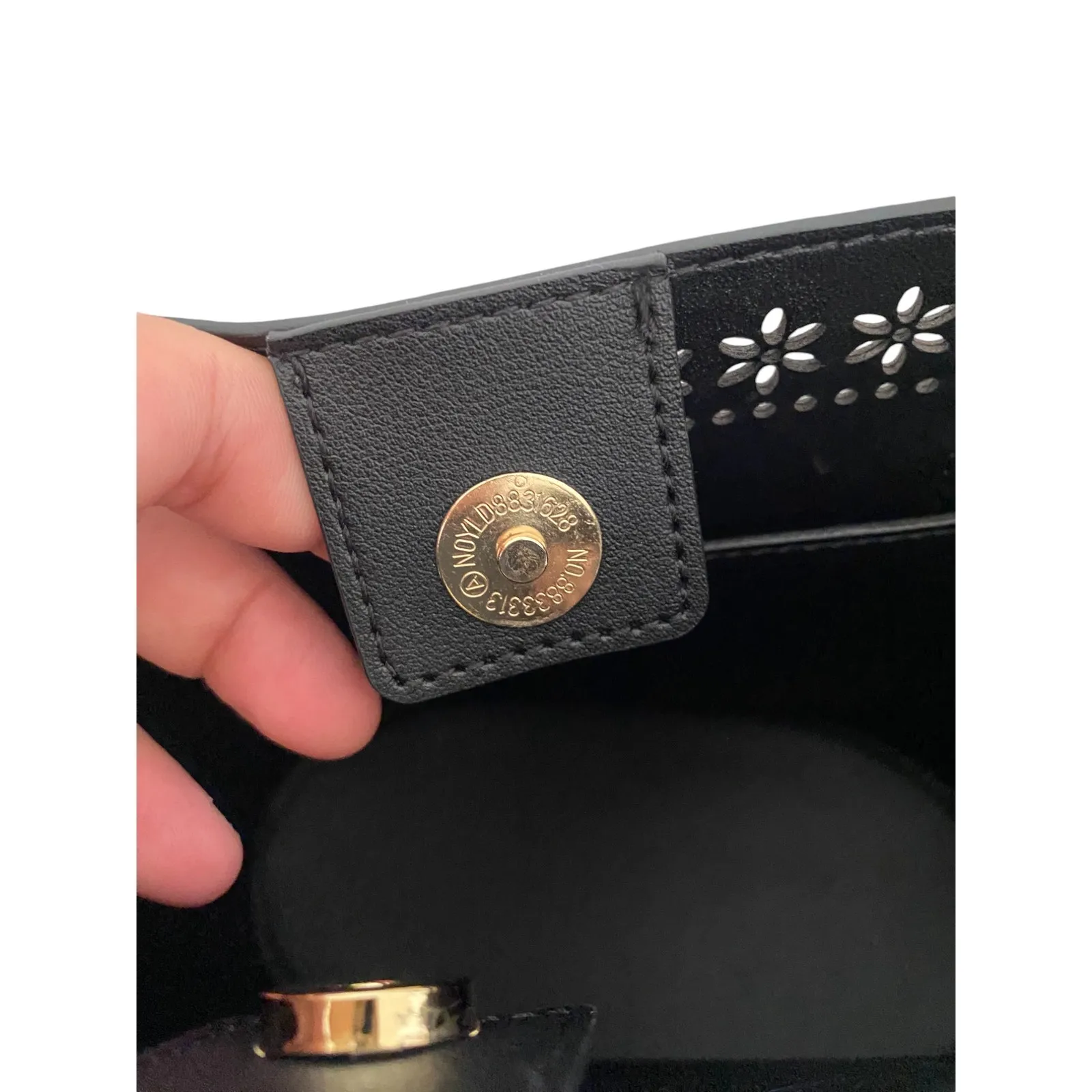 Nanette Lepore Black Satchel Bucket Bag Laser Flower Cut Out-Crossbody/Shoulder - Image 4