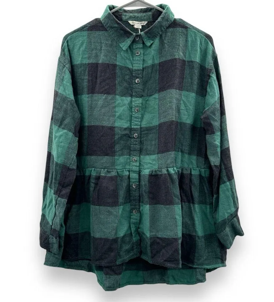 American Eagle Oversized Green & Black Buffalo Plaid Babydoll Flannel Shirt Sz S - Image 2