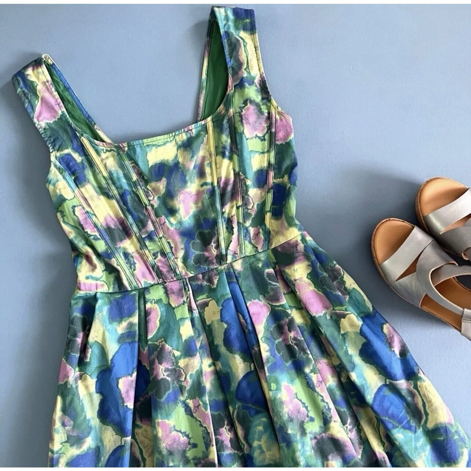 Anthropologie Aureta Piper Aquatic Corset Watercolor Green Bubble Mini Dress - Image 6