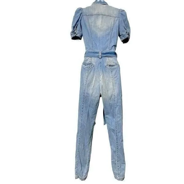 Retrofete Tori Belted Denim Jumpsuit Light Denim Puff Sleeve Size XS Blue - Image 5