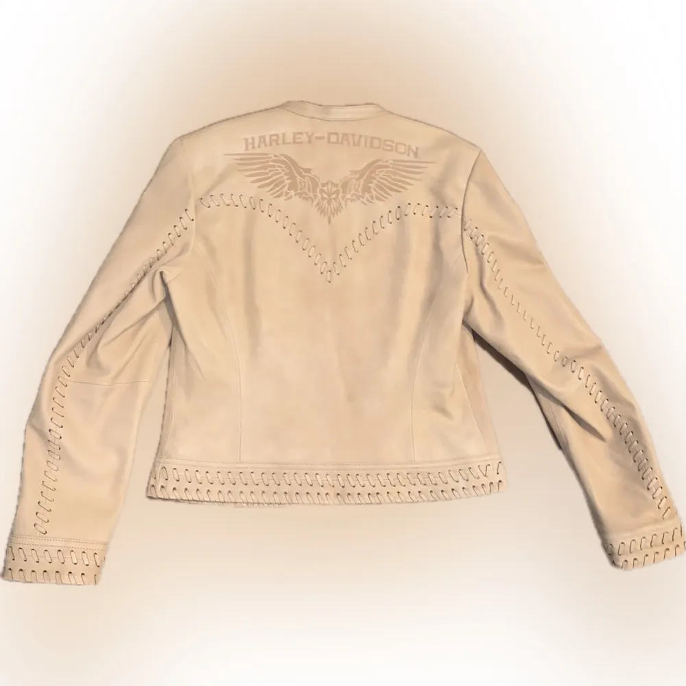 Harley Davidson Wanderlust Tan Cream Genuine Leather Moto Biker Jacket Size S - Image 6