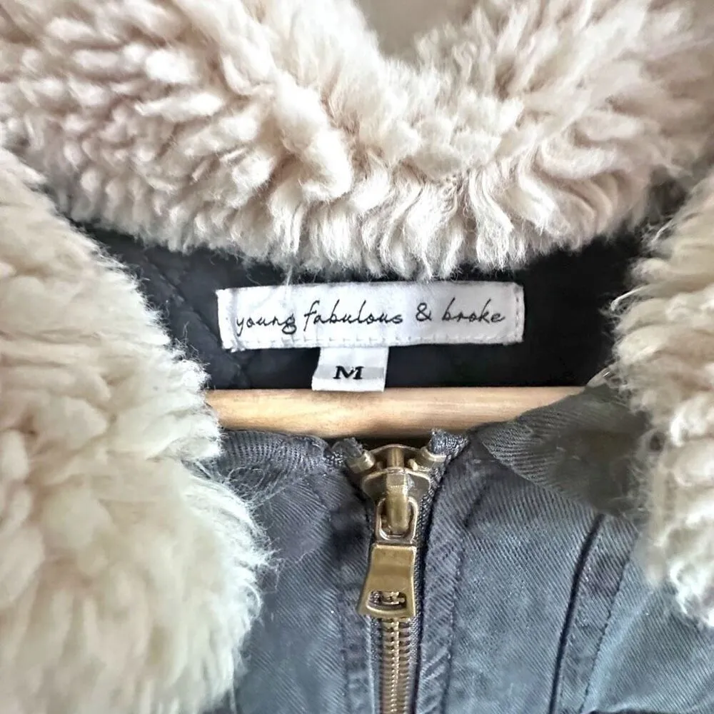 YOUNG FABULOUS & BROKE | Aviator Bomber Zip Jacket Detachable Faux Fur | Medium - Image 4