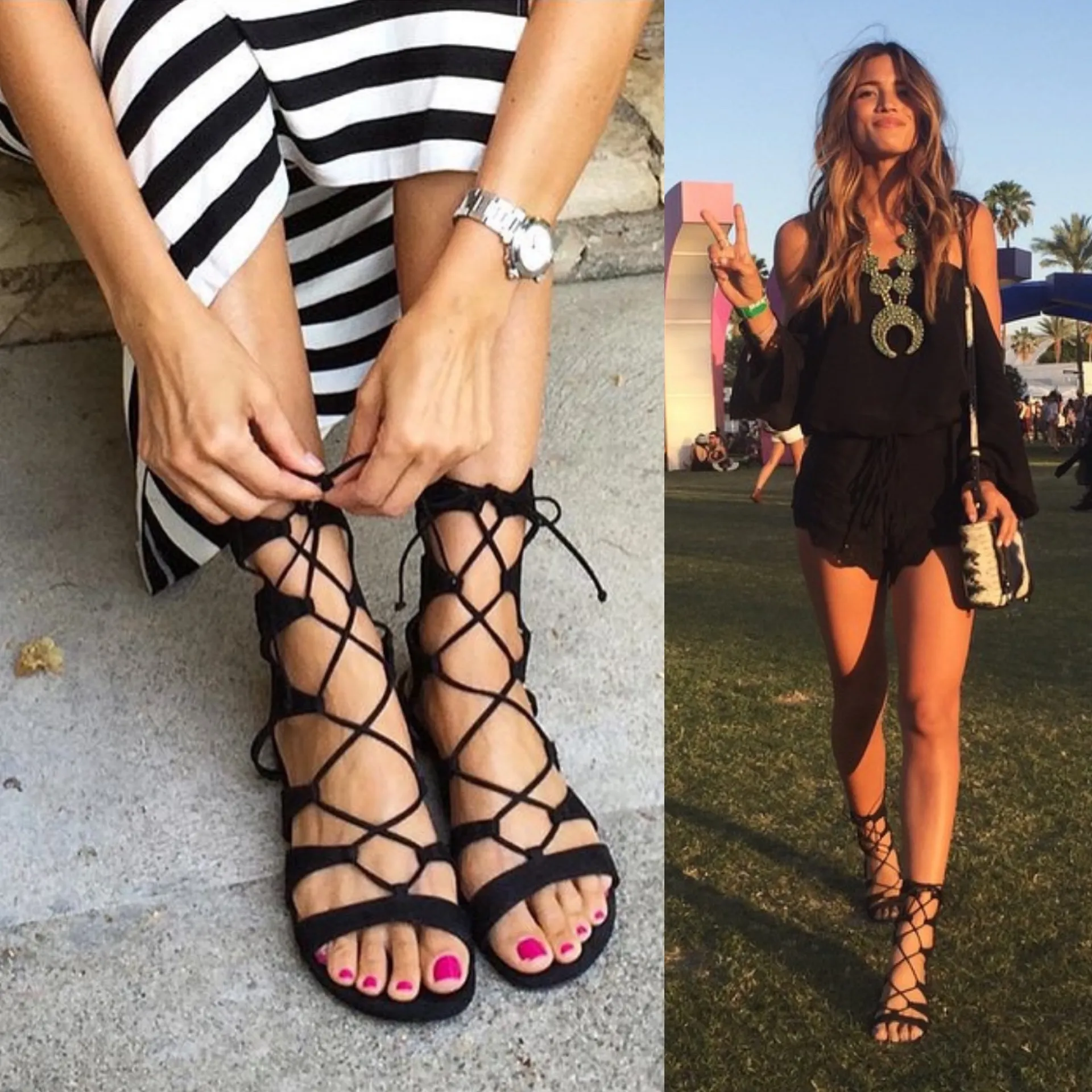 Black Faux Suede Lace Up Gladiator Boho Bohemian Sandals - Image 7