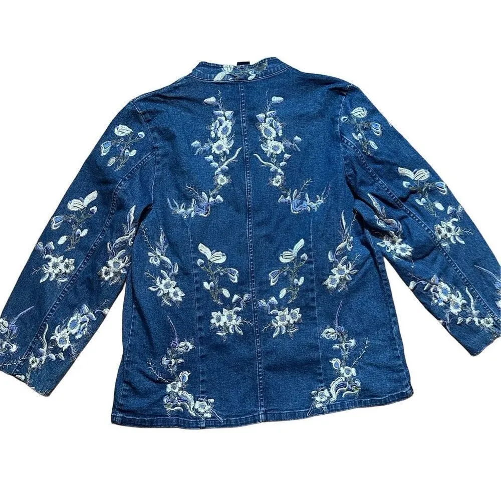 Vintage Denim & Co floral embroidered denim zip up jacket sz M womens cottagecor Blue Size M - Image 2