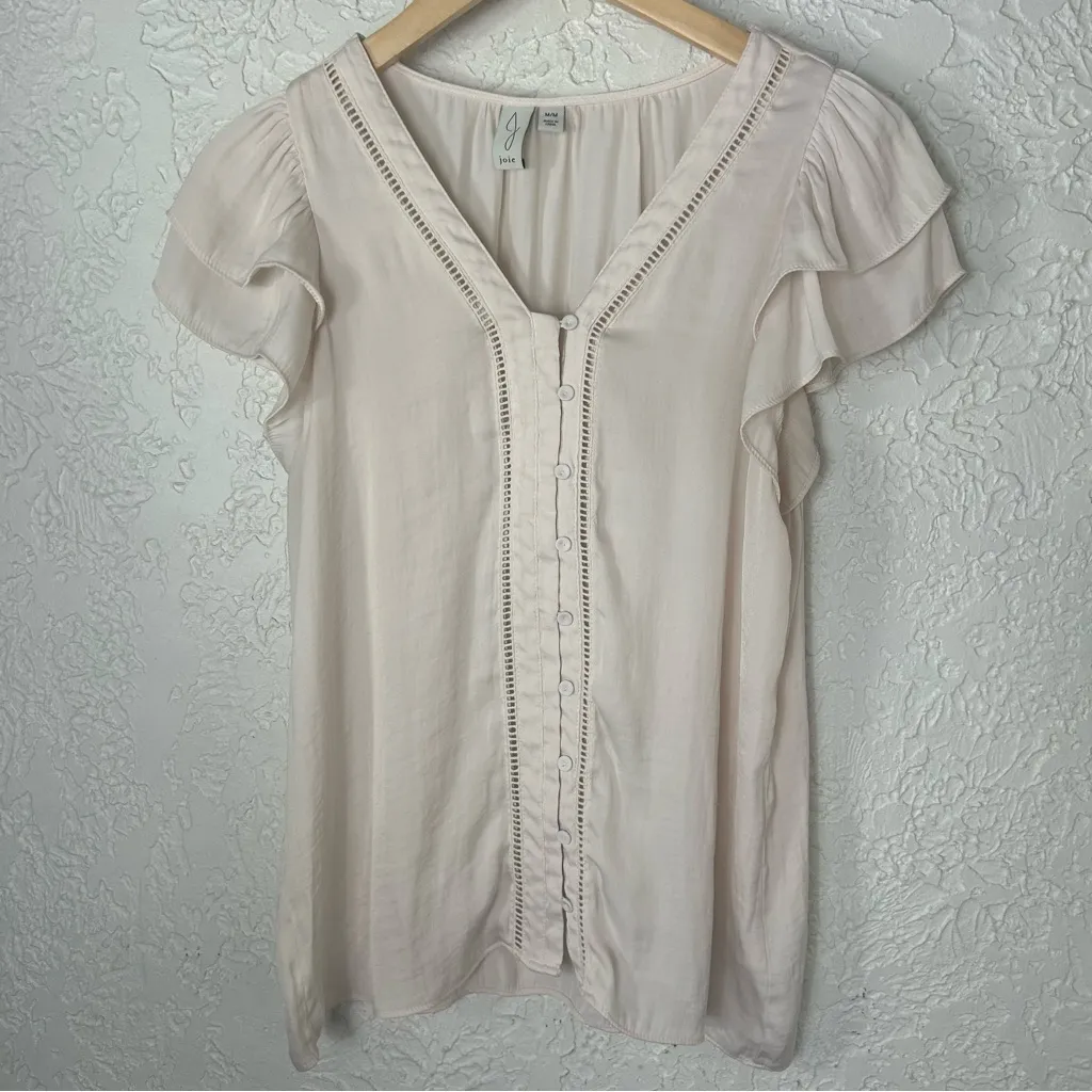 JOIE Satiny Button Front Ruffle Short Sleeve Blouse Size M - Image 4