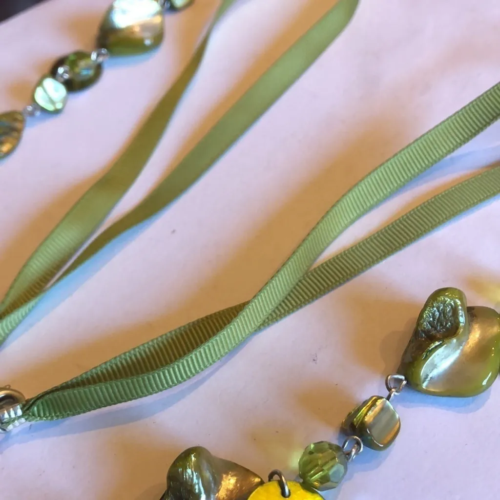 36” Green Fabric Corded & Green Abalone Shell Boho Necklace - Image 7