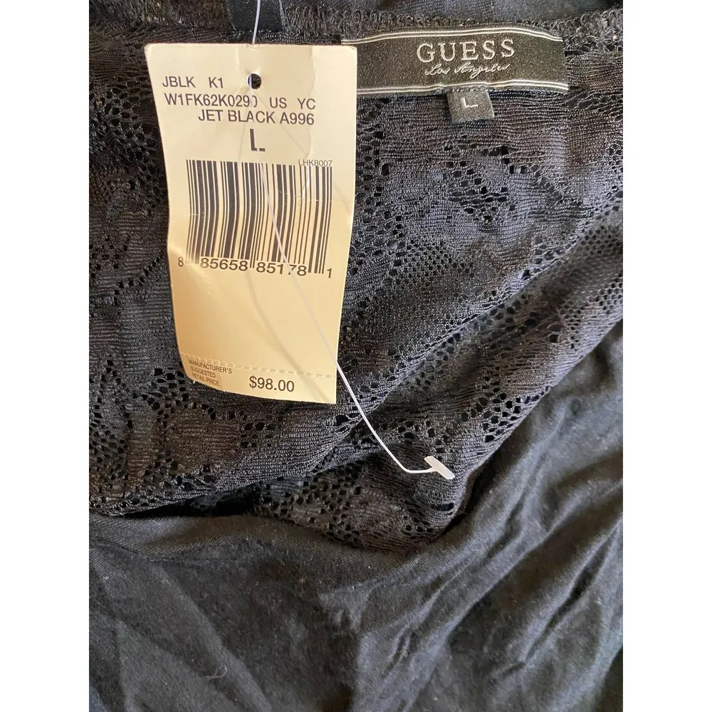 NWT Guess Mini Dress LARGE Black Lace Mixed Media Ruched Floral Sleeveless Party - Image 6