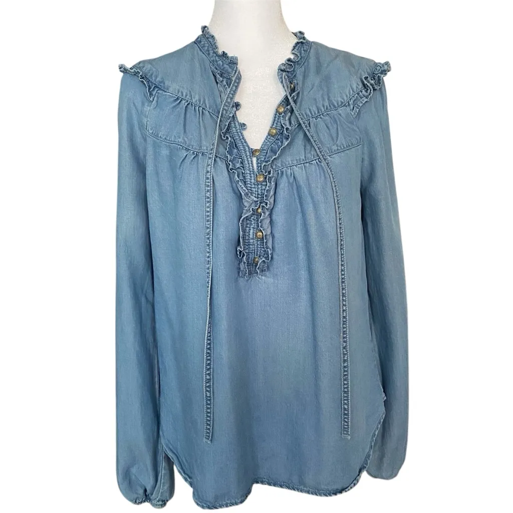 Maeve by Anthropologie Denim Blue Ruffled Long Sleeve Blouse Size Small - Image 2
