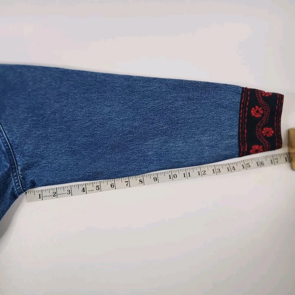 Life Style Denim Embroidered Red Black Floral Button Front Jacket Size S Japan Blue - Image 10