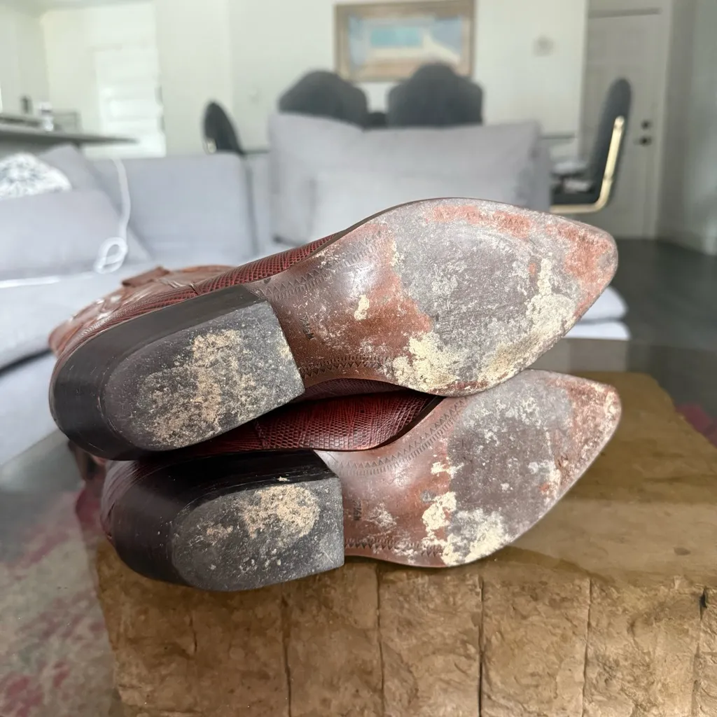 Vintage Nine West Romnee Lizard Pointed Toe Western Leather Boots in Brown 7.5 - Image 5